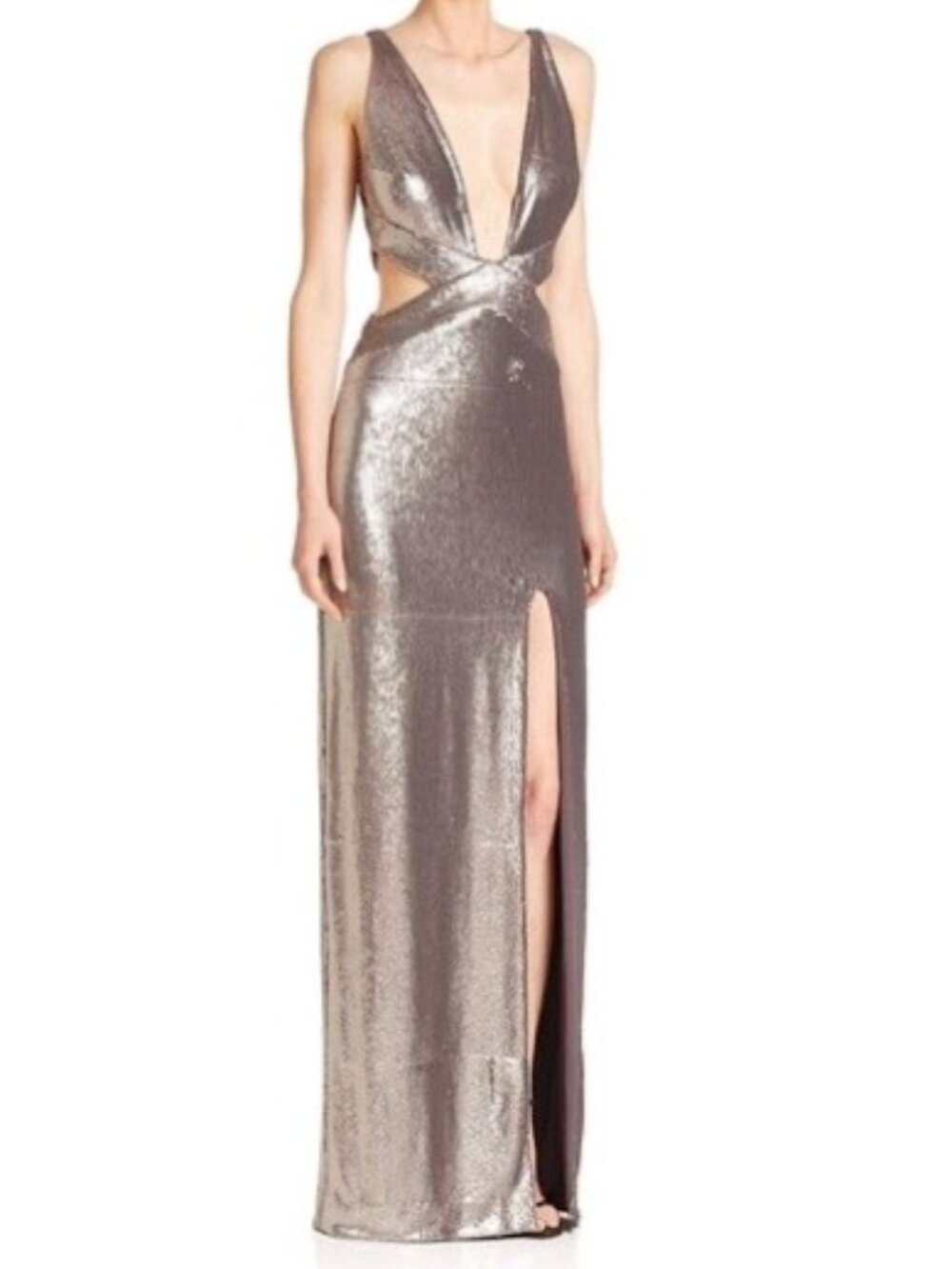Halston Heritage NWT Silver Sequin Gown w/ Side Cut-Outs, Size 2
